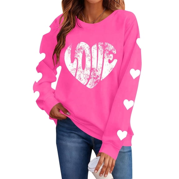 OWUUcdse Women's Graphic Sweatshirts, Crewneck Long Sleeve Valentine's Day Party Tops for Women Hot Pink Size L