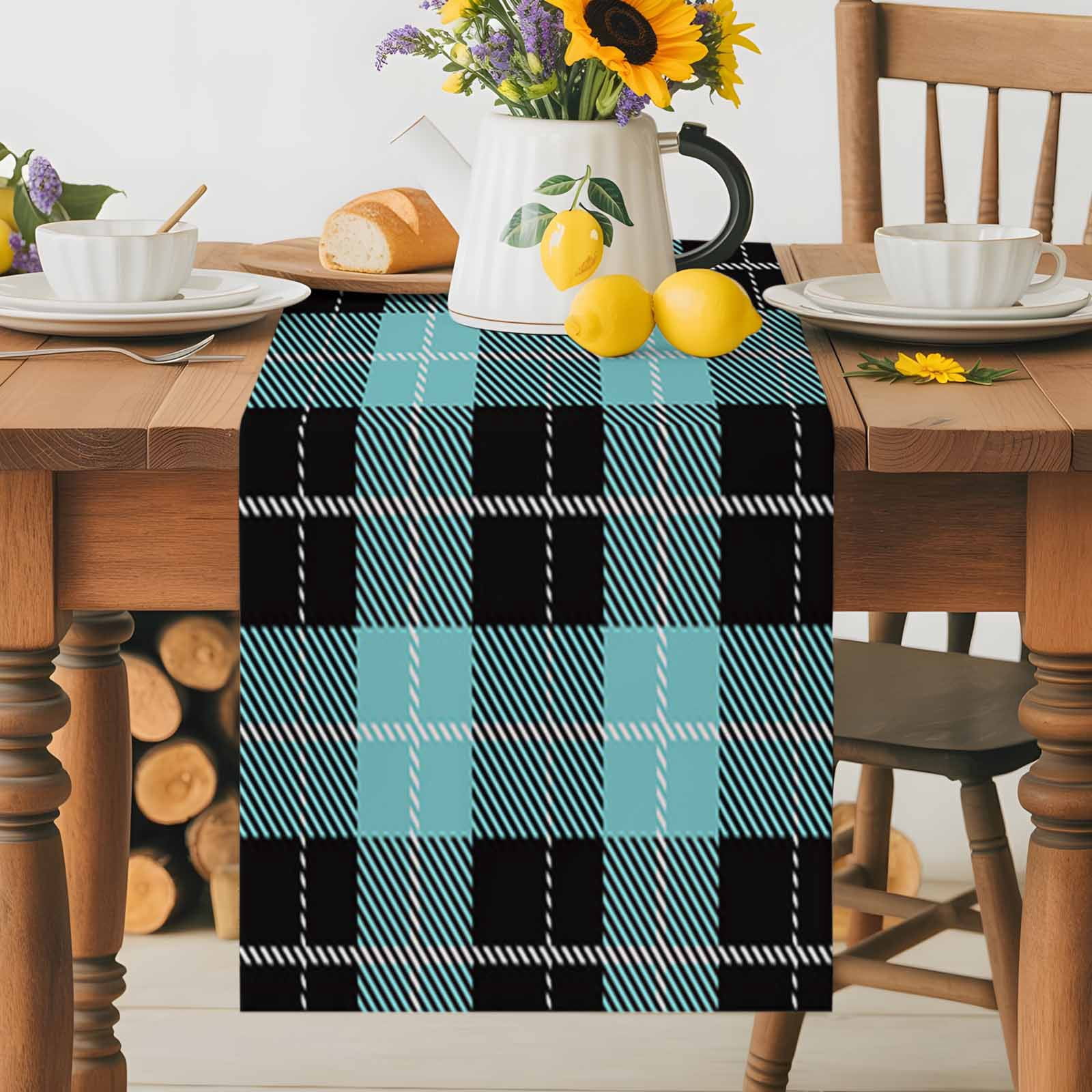 Tartan Plaid Buffalo Grid Pattern Table Runner 90 Inches Long, Teal and Black Table Runners Tabletop Scarf Kitchen Dining Tables Decoration for Home Party Indoor Outdoor