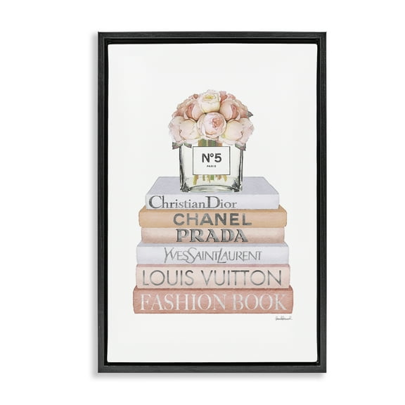 Stupell Industries Glam Bookstack & Flowers Botanical & Floral Painting Black Floater Framed Art Print Wall Art, 17 x 25