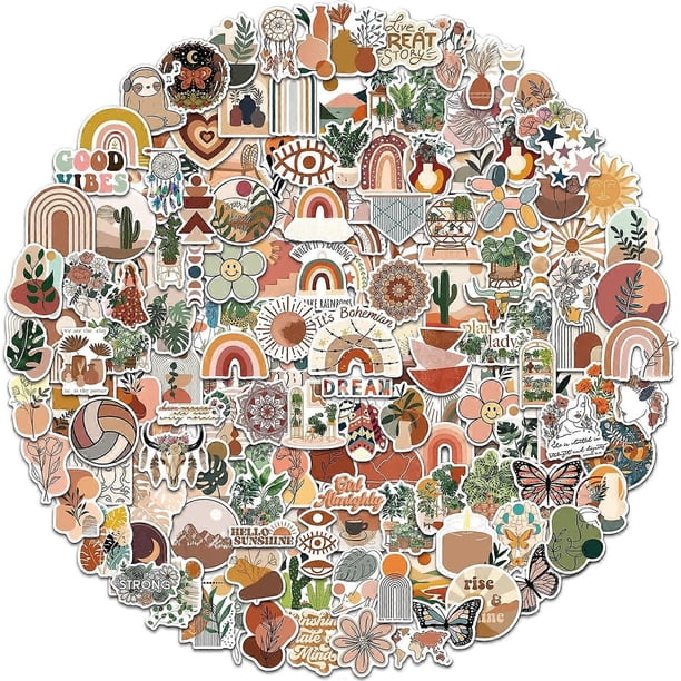 200 PCS Aesthetic Boho Stickers, Cute Vinyl Waterproof Stickers for Water Bottles Laptop Phone Journaling Scrapbook Junk Journal, Small Business Suppl