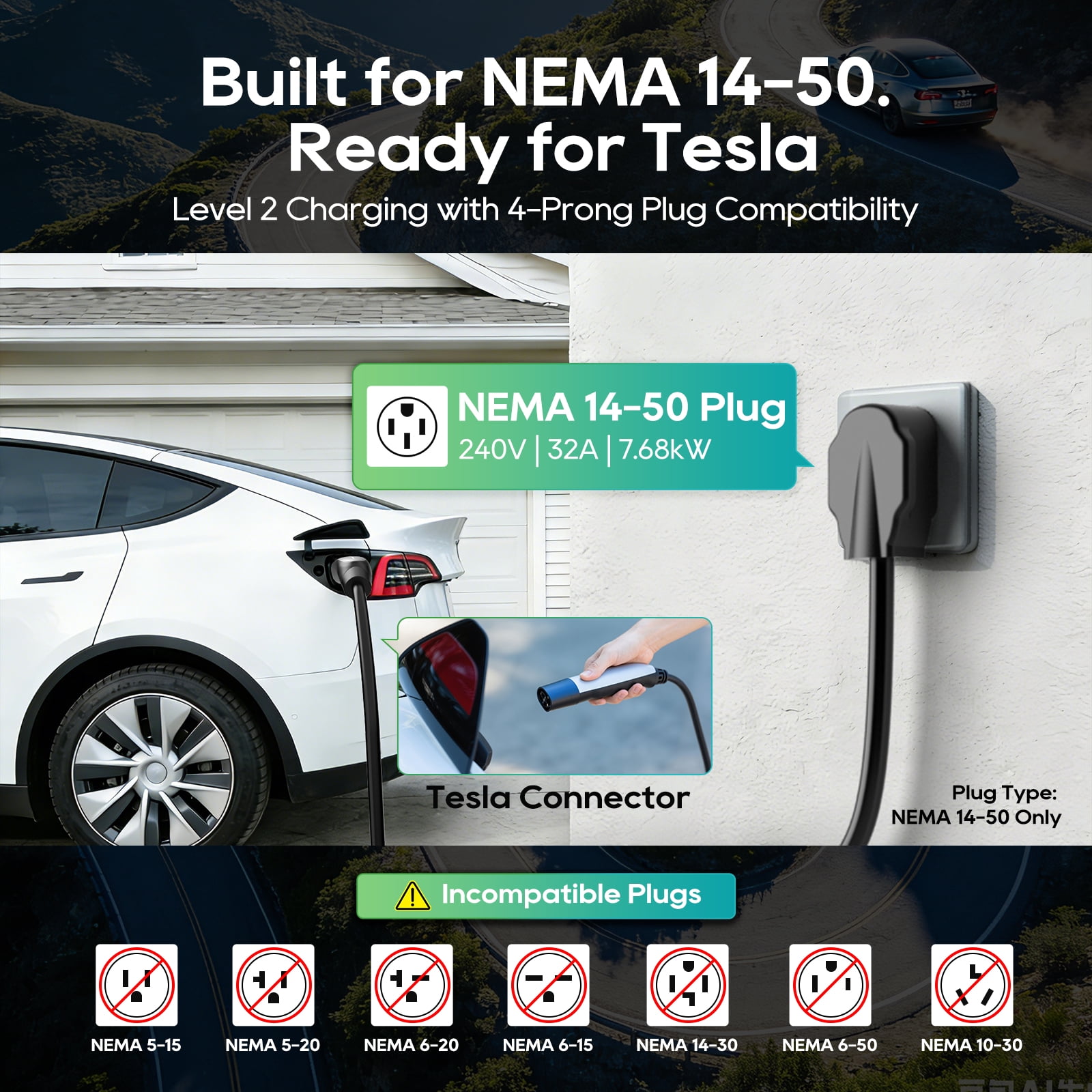 TOPDC Level 2 EV Portable Charger for Tesla, 32A 240V, Nema 14-50, Nacs Connector, 25ft Cable, Adjustable 16-32A, ETL Certified, Lcd Display, Plug-and-Play