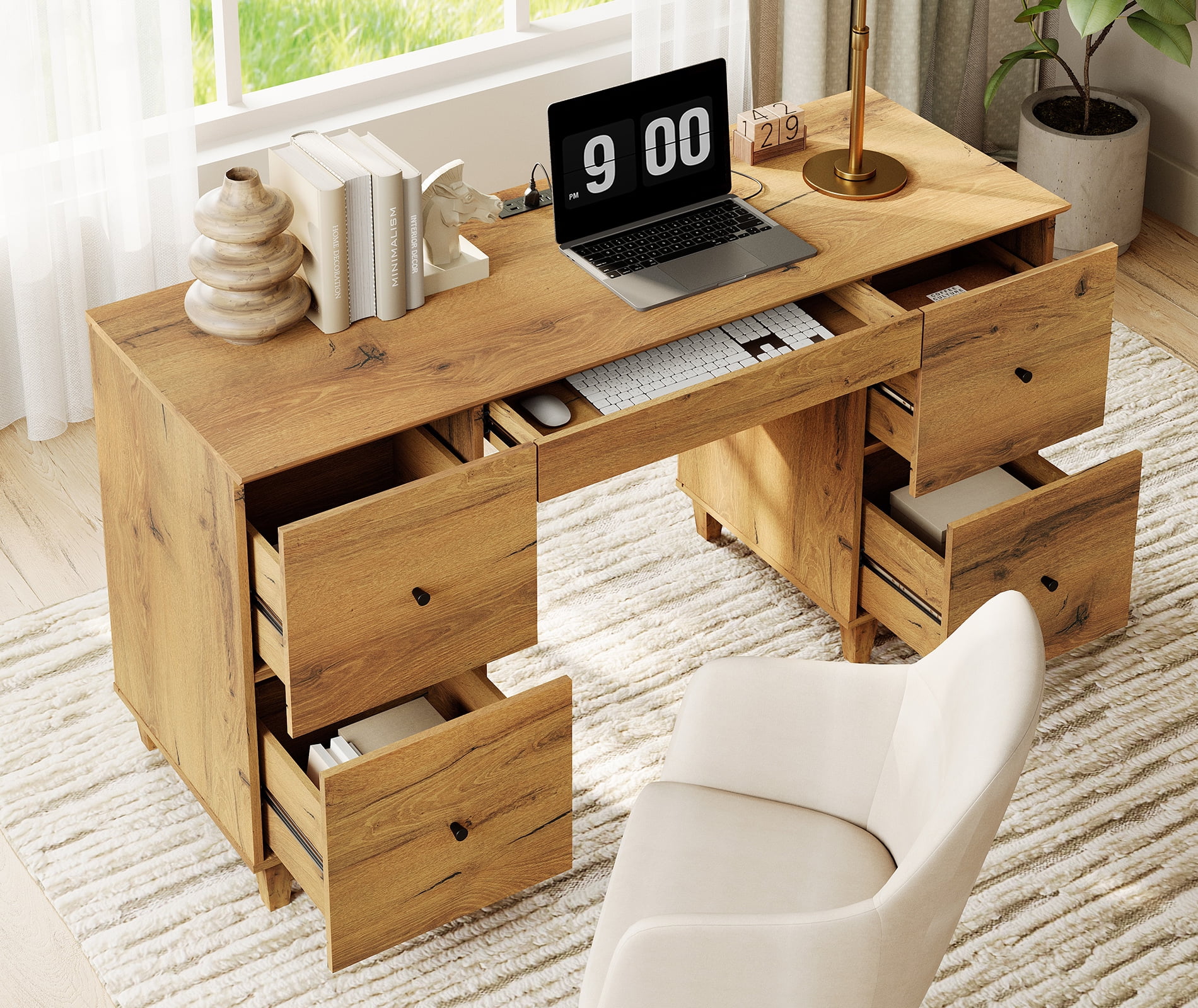 WAMPAT Home Office Furniture Set, 58" Executive Desk with Charging Station and Drawers,3-Column 71" Tall Bookcase with Doors and Adjustable Shelves for Living Room,Dark Brown Wood
