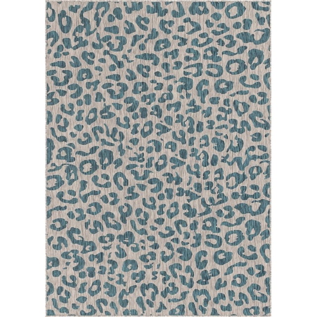 Unique Loom Outdoor Safari Leopard Design Rug 7' x 10' Rectangle Teal/Light Gray
