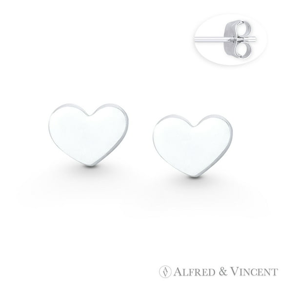 Flat Heart Love Charm 6x8mm Stud Earrings w/ Push-Back Posts in .925 Sterling Silver