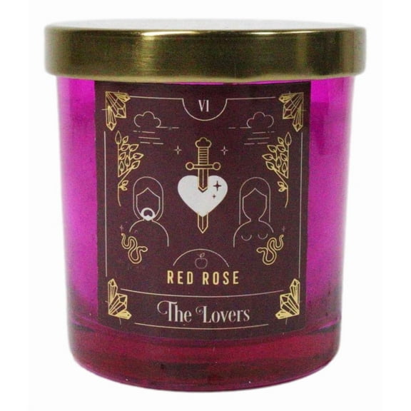 Wicca Witchcraft Mystic Tarot The Lovers Red Rose Scented Pillar Candle Gold Lid
