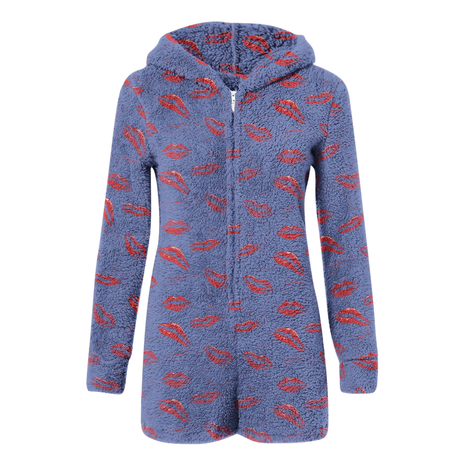 Womens Long Sleeve Onesies Pajamas Fuzzy Zip-Up Hooded Romper Warm Short Playsuit Jumpsuit Fleece Sherpa Sleepwear Blue, XXL