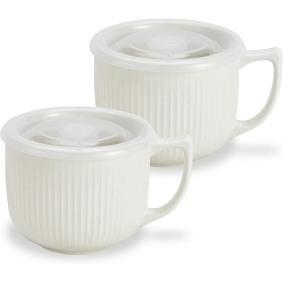 Ceramic Soup Bowl with Handle 32oz – Microwave Ramen Bowl with Lid, Soup Mugs & Cups for Cereal, Oatmeal, Ramen, Instant Noodle, Soup Container with Lid - Set of 2 (White)