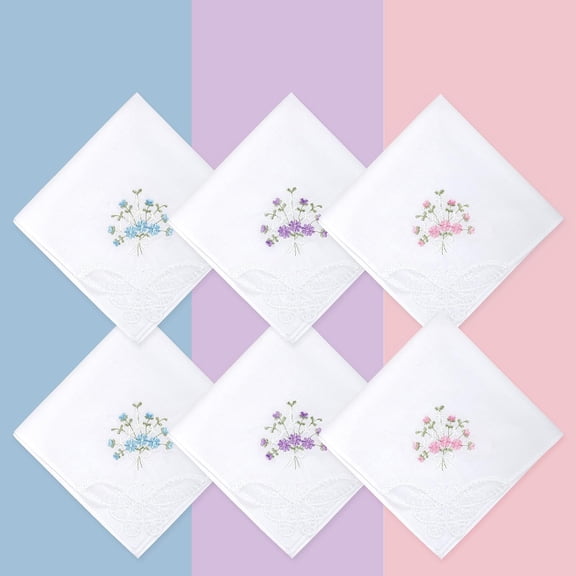 Women's Cotton Handkerchiefs Flower Embroidered with Lace, Ladies Hankies
