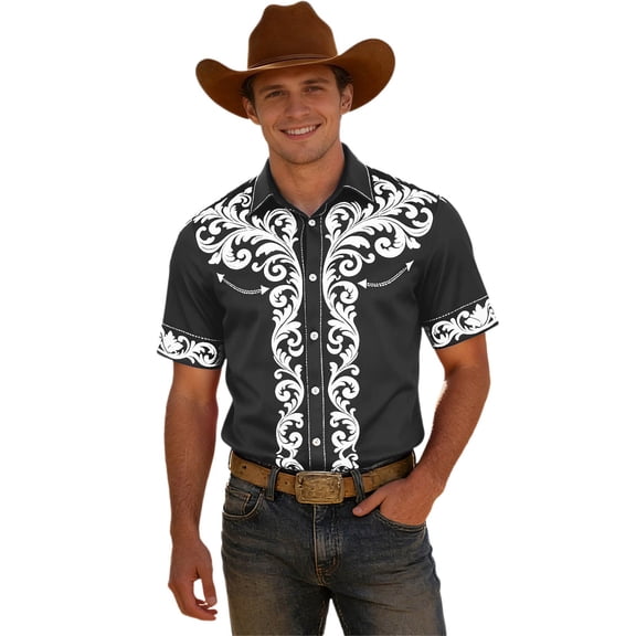 CONZONE Mens Buttons Down Shirts Short Sleeve Shirts for Men Trendy Western Cowboy Graphic Lapel Soft Lightweight Tops