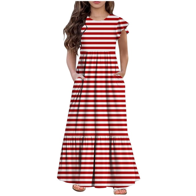 Robe Florale 2025 pour Filles Manches à Volants Rayées Robe Décontractée Fluide avec Poches pour Enfants 6-12 Ans Rouge
