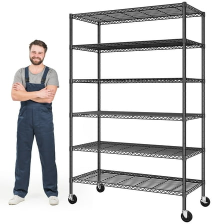 REIBII 6-Tier Wire Shelving Unit with Wheels, 82"H x 45"W x 18"D, 1200LBS Capacity,Adjustable Metal Storage Shelves for Garage,Kitchen,Pantry,Black