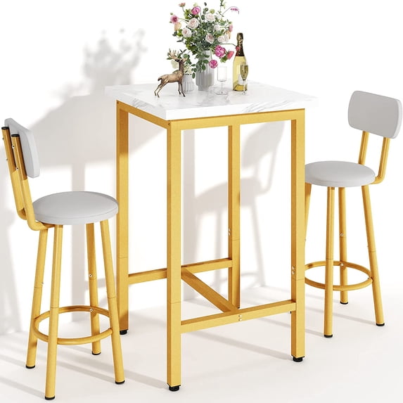 Dining Table Set, 23.6” Square Pub Bistro Dining Set Small Kitchen Table Set Bar Table with Backrest Stools, 3-Piece Breakfast Table Set with Metal Frame for Dining Room w/ 2 Chairs
