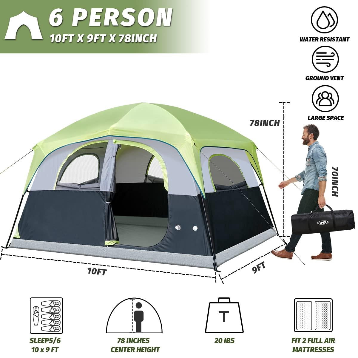 Tents 6 Person Waterproof Windproof Easy Setup Double Layer Family Camping Tent With 1 Mesh Door & 5 Large Windows -10'x9'x78in(h)