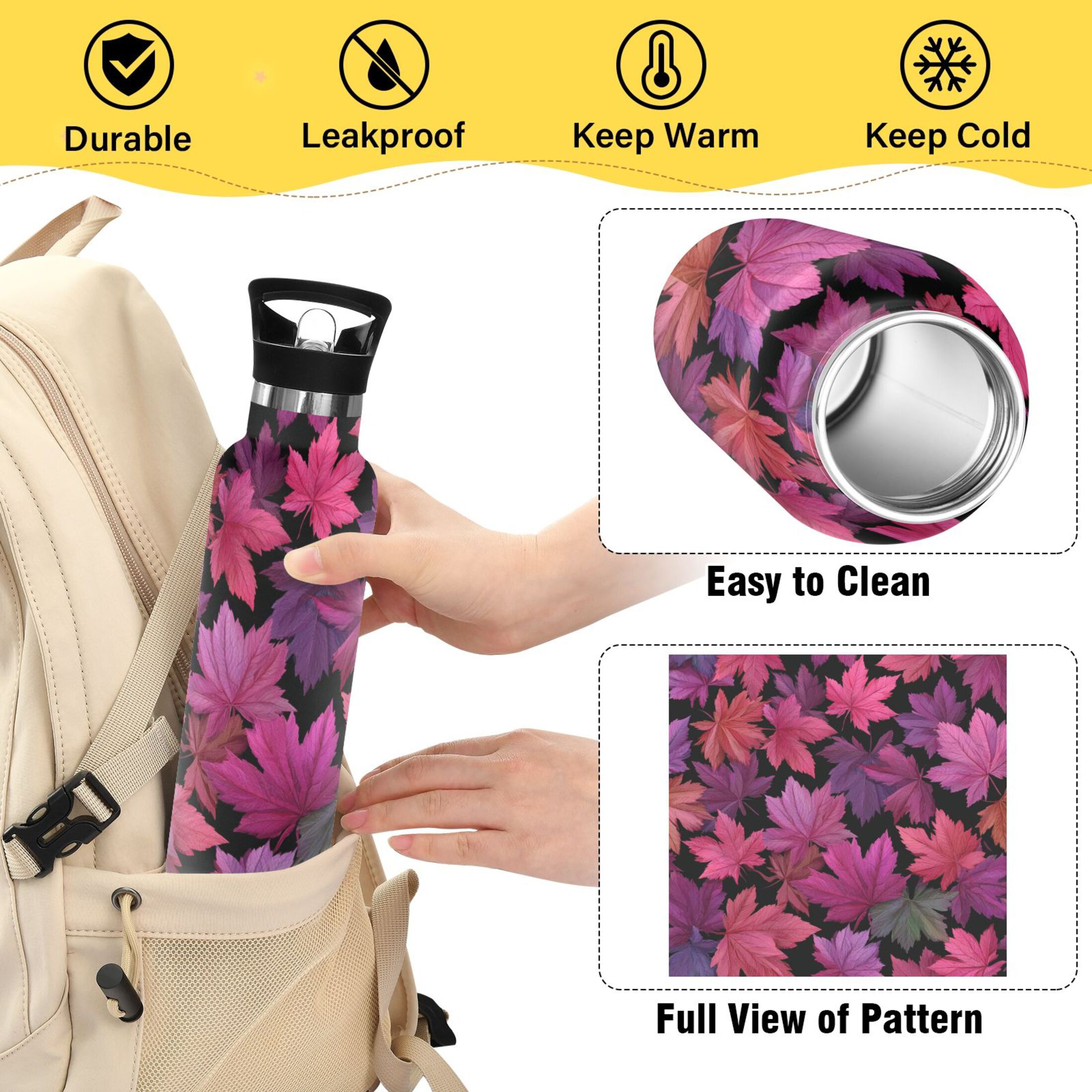 600ML Stainless Steel Insulated Cup Sports Water Bottle Portable Thermos Cup Water Glasses Insulated Tumblers Convenient and Durable Beautiful Maple Leaves