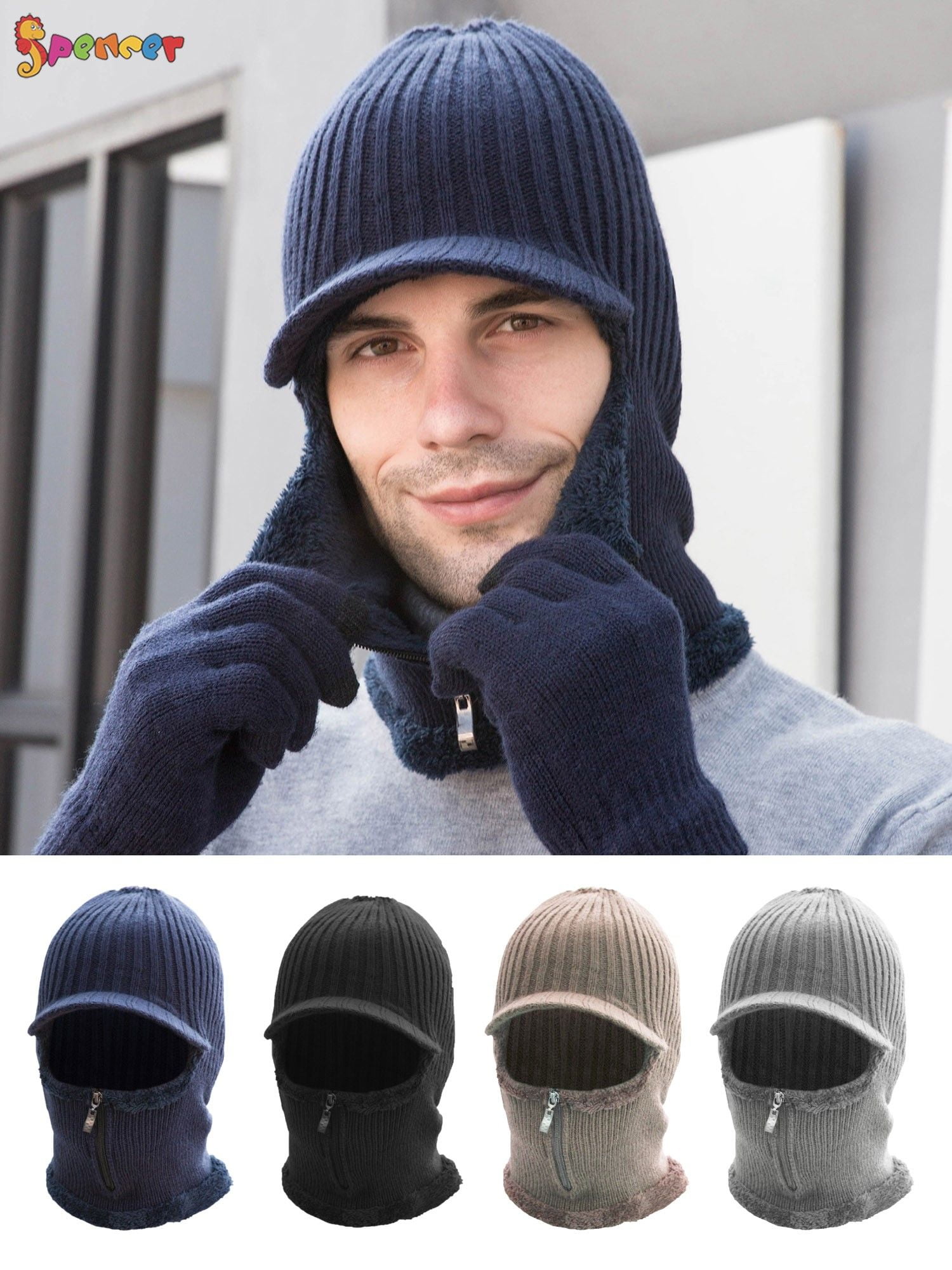Spencer 2 In 1 Men Winter Warm Balaclava Beanie Hat Scarf Knit Caps  Windproof Conjoined Sleeve Wool Cap Zipper Neck Warmer Ear Protector 