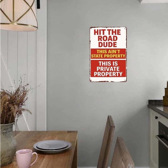 Private Property Vintage Metal Sign 12x8in | Funny Wall Decor for Home, Outdoors, Gate | Iron Rustproof Distressed Retro Look | Easy Mount, Red Yellow White Lettering, Humor Gift for Fence, Garage