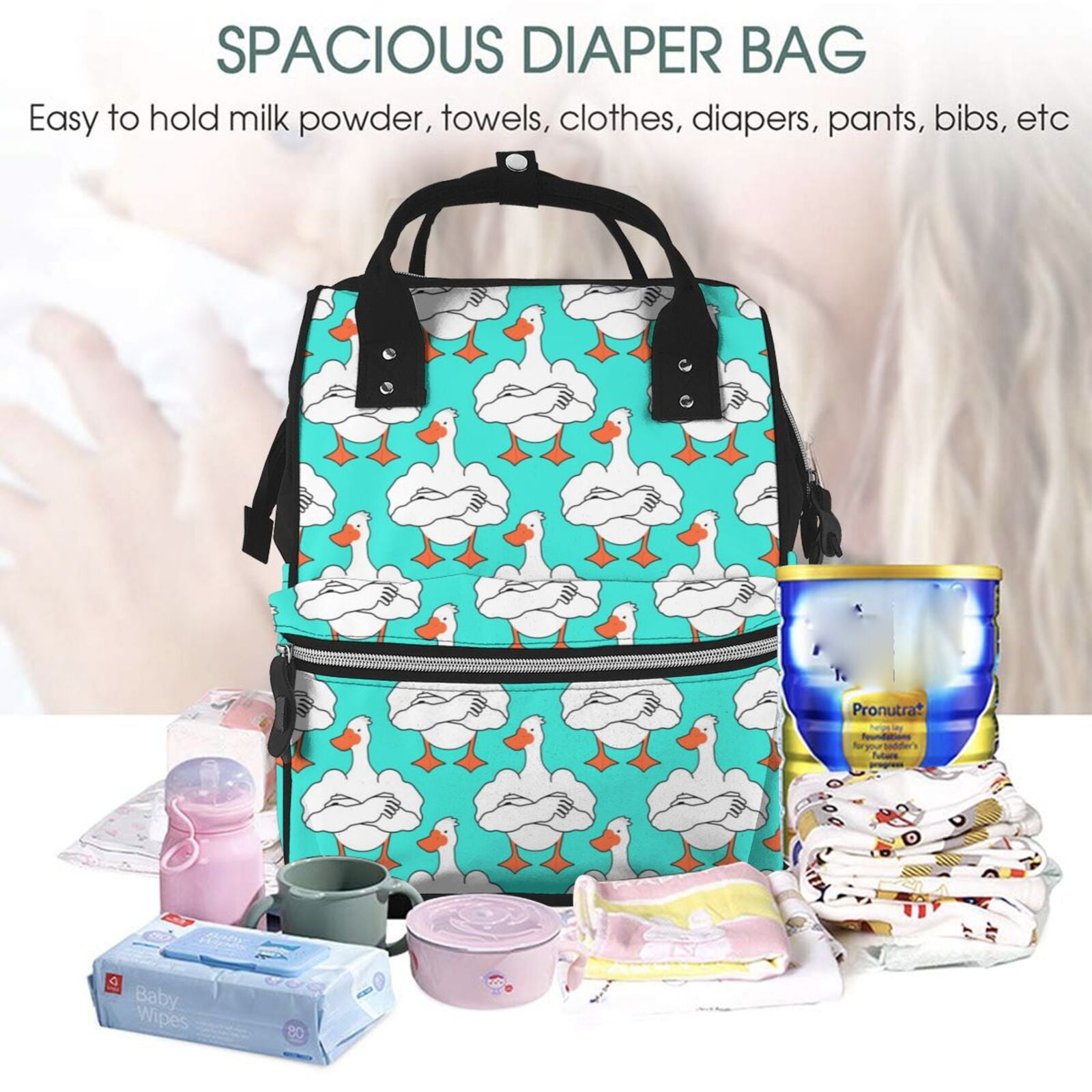 Fuzoiu Strong Goose Print Diaper Bag Backpack,Baby Essentials Travel Tote,Multi function Waterproof Diaper Bag, Travel Essentials Baby Bag - Unisex