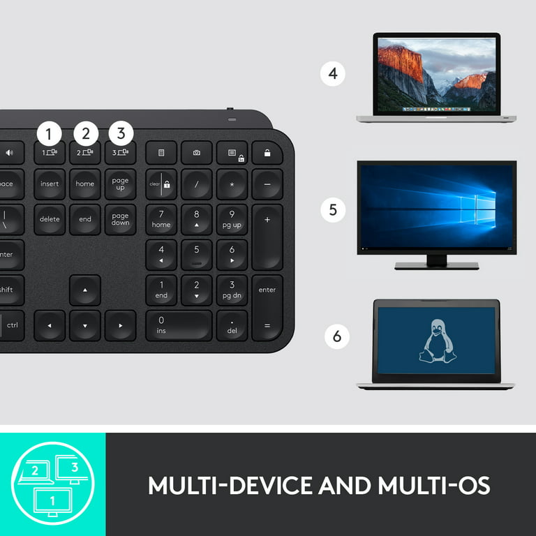 Logitech MX Keys Advanced Wireless Illuminated Keyboard, Backlighting,  Bluetooth, USB-C, Apple macOS, Microsoft Windows, Linux, iOS, Android,  Metal Build - Black 