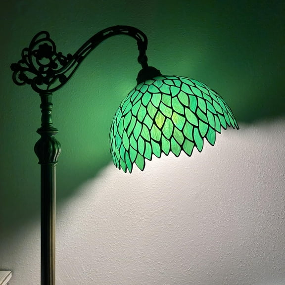 Tiffany Floor Lamp Green Leaves Stained Glass Gooseneck Adjustable LED Bulb Included for Living Room Bedroom 20"W*12"D*63"H
