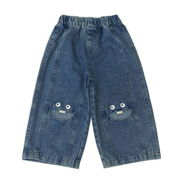 Odeerbi 1-10 Años Niñas Jeans de Piernas Anchas Pantalones de Vaquero Lindos Pantalones de Vaquero Cómodos Pantalones Largos Con Cintura Elástica