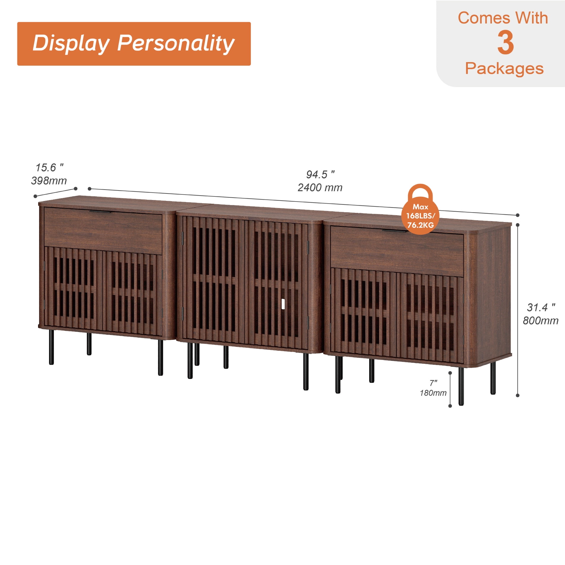 94.5 Inch Large Fluted Buffet Cabinet Sideboard with Storage,Wood Modern Accent Coffee Bar Console Table, Walnut