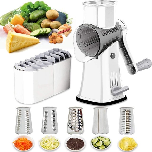Rallador de Verduras, 5 en 1 Rallador Rotativo de Queso y Verduras, Picadora de Verduras, Cortador y Rebanador de Acero Inoxidable con Tambor Giratorio para Cocina, Ideal para Frutas, Nueces, y Más