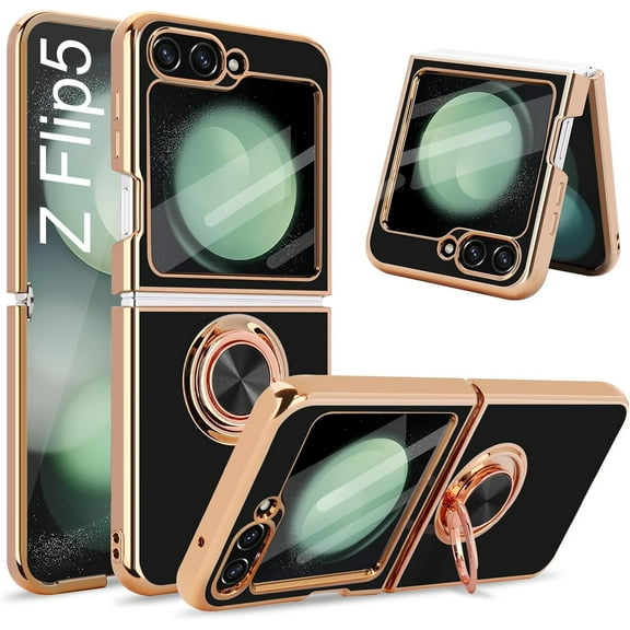 for Samsung Galaxy Z Flip 5 Case with Stand 360° Rotatable Ring Holder Kickstand [Magnetic Car Mount] Gold Plating for Women Men Shockproof Protective Cover for Samsung Z Flip 5 5G (Black)