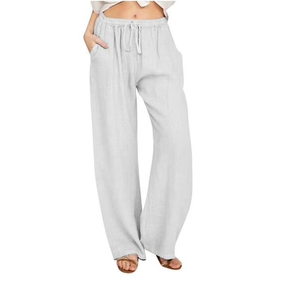 LMKIHUSA Cotton Linen Wide Leg Pants for Women Casual Summer Elastic Waist Trousers with Pockets Loose Dressy 2025 Pant White,XL