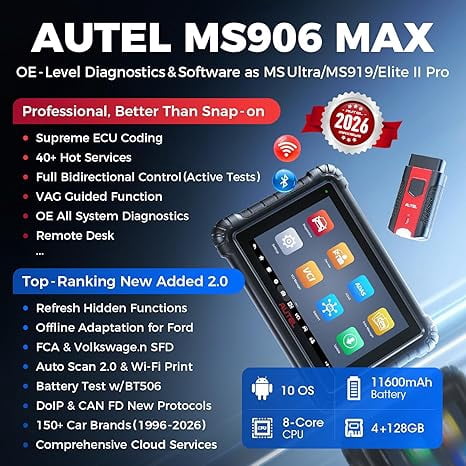 Autel MaxiSYS MS906MAX Scanner, 2026 10.1" MS906 MAX 2.0 Upgrade of MS906 PRO MP900BT MS906BT MS908S MK908, OE-Level Bidirectional Scan Tool, 40+ Reset, 3000+ Active Test, All-System, CAN FD DoIP