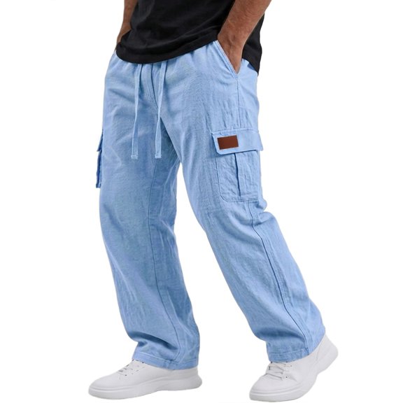 Mens Pants Casual Elastic High Waist Drawstring Cotton Linen Cargo Beach Pant Straight Leg Trouser with Pockets, S