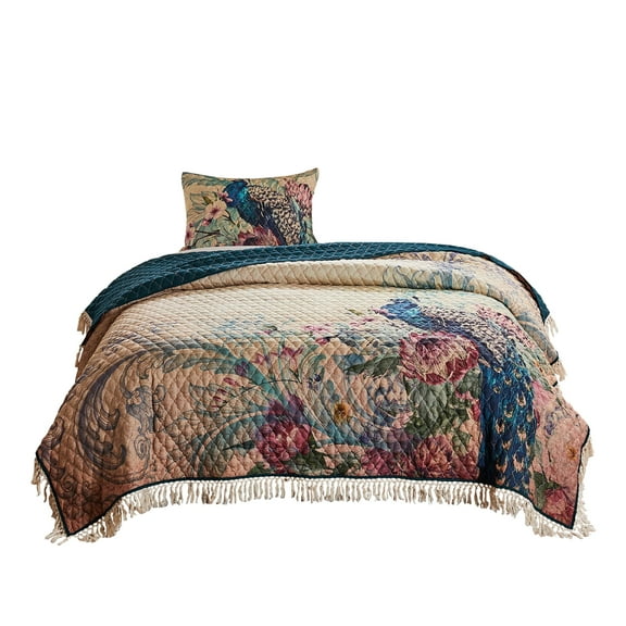 2 Piece Twin Size Quilt Set, Floral Print, Crochet Trim, Multicolor- Saltoro Sherpi