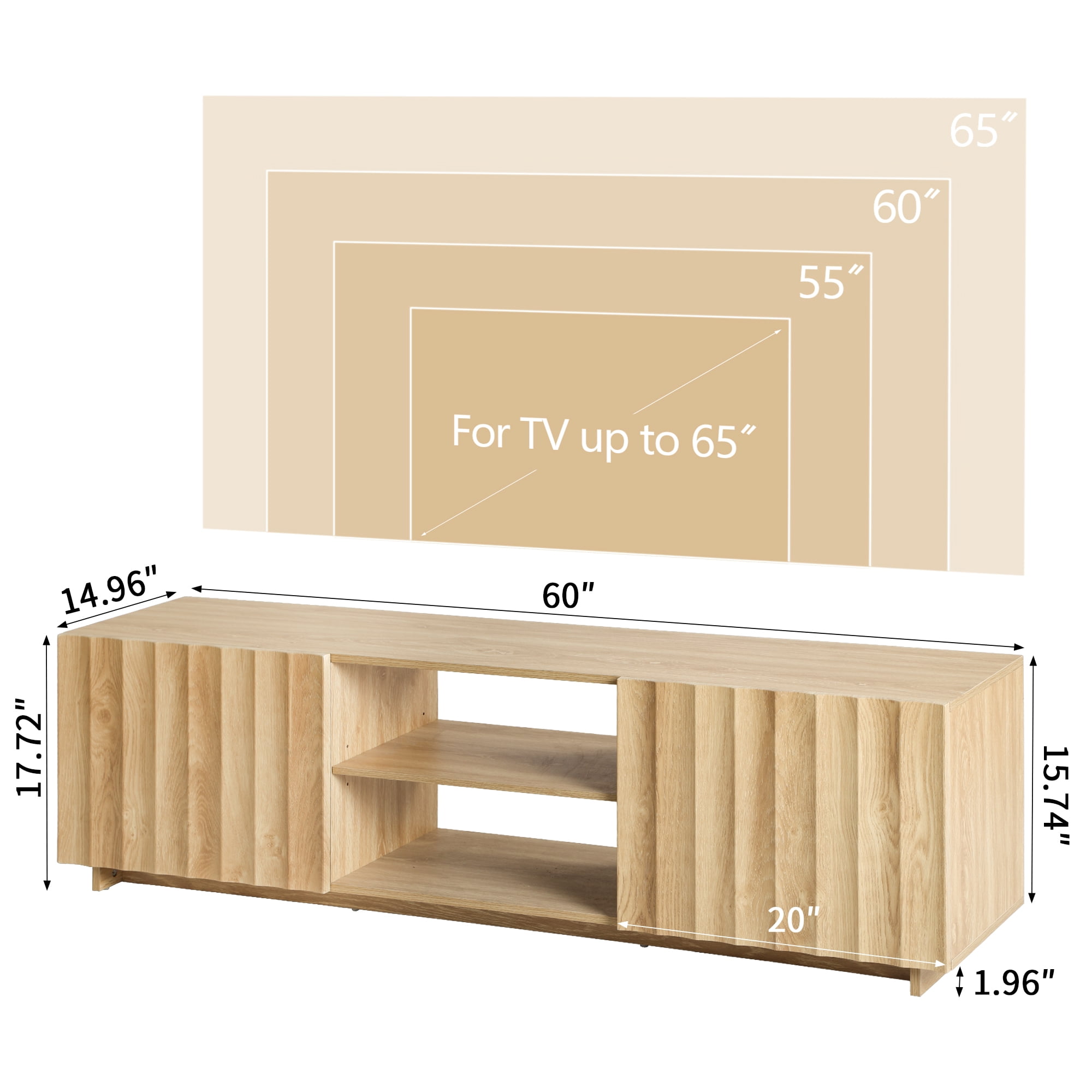 LEFHDA Fluted 61" TV Stand for TVs up to 75", Mid Century Modern Entertainment Center with 2 Doors & Adjustable Shelves, Wood Media Console Table for Living Room, Bedroom (Oak)