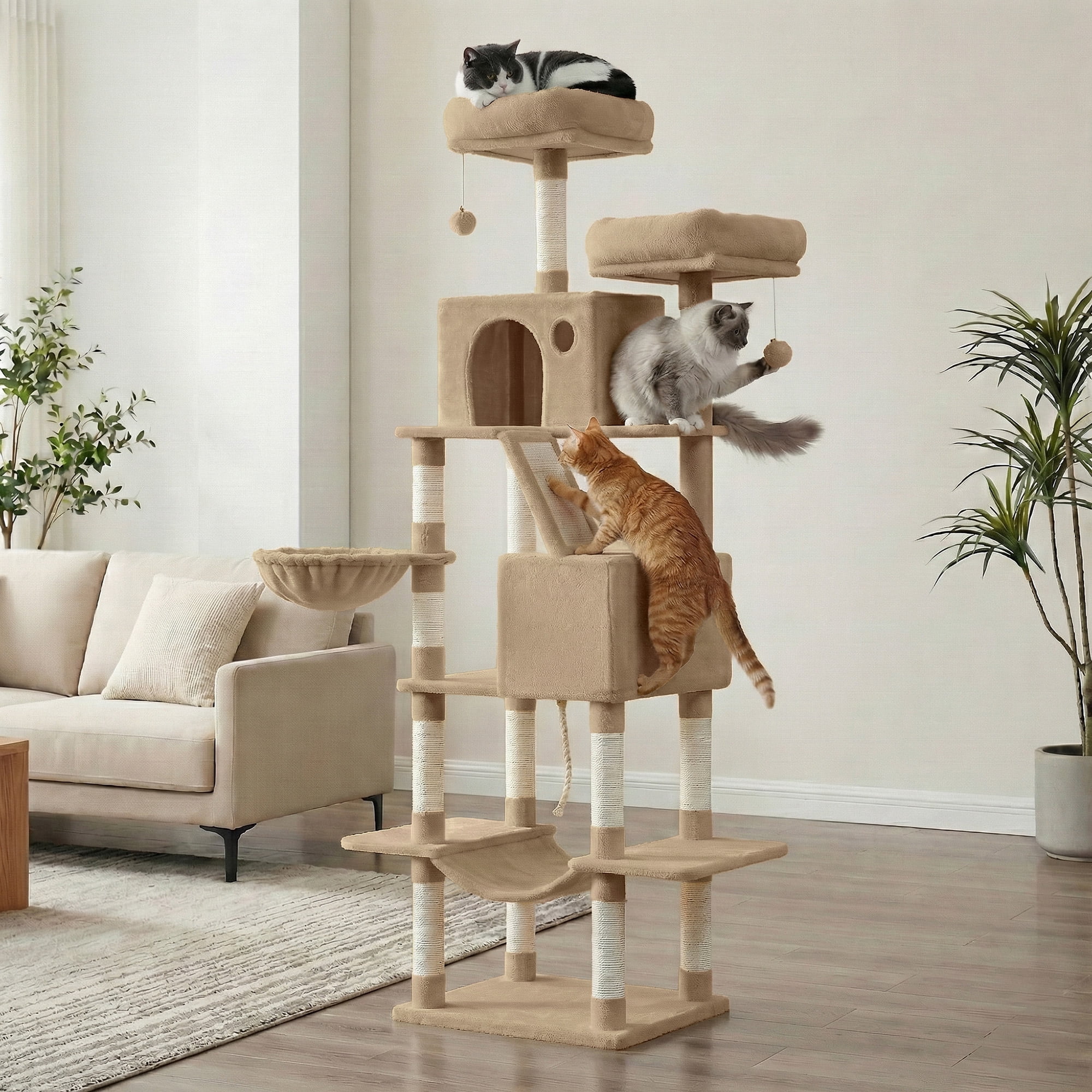 LEDREM 81.1-Inch Large Cat Tree Tower, Multi-Level Cat Condo with 13 Scratching Posts, 2 Perches, 2 Caves, Hammock & Basket, Camel Brown