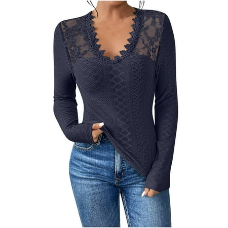 VEKDONE Women s Sheer Lace Tee Shirts Long Sleeve Eyelet Tops Casual V Neck Slim Fitted Blouses Fall Hollow Out Breathable Tunic Tops Outfit Clothes