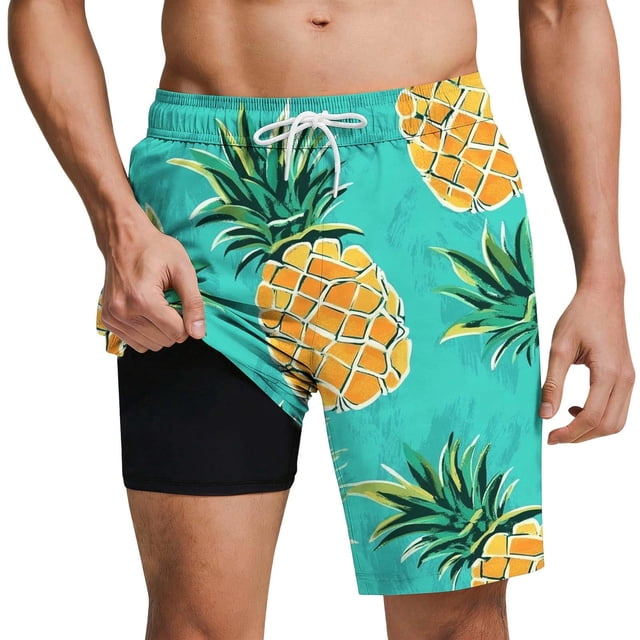 Beach Shorts With Double Layer Design For Summer Swimwear Island Print And Beach Style Men’s Board Shorts
