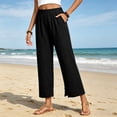 thumbnail image 5 of Linen Pants for Women Petite Wide Leg Baggy Elastic Waist Flowy Palazzo Casual Pants with Pockets Beach Travel Trousers Pull On Black M, 5 of 6