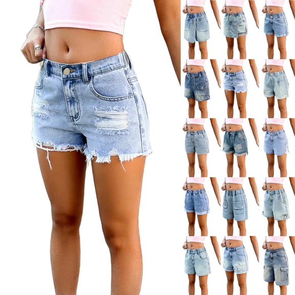 MKOSPLRT Retro Denim Shorts for Girl 5-15Y Elastic Waist Distressed Wash Jean Shorts Button Down Denim Skirt Shorts with Pocket