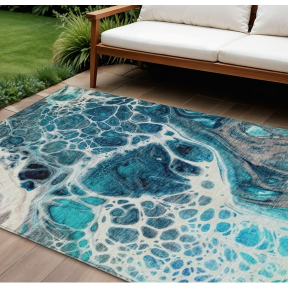 HomeRoots 581513 9 x 12 ft. Nautical Washable Indoor & Outdoor Rectangle Area Rug, Teal Blue & Navy Blue