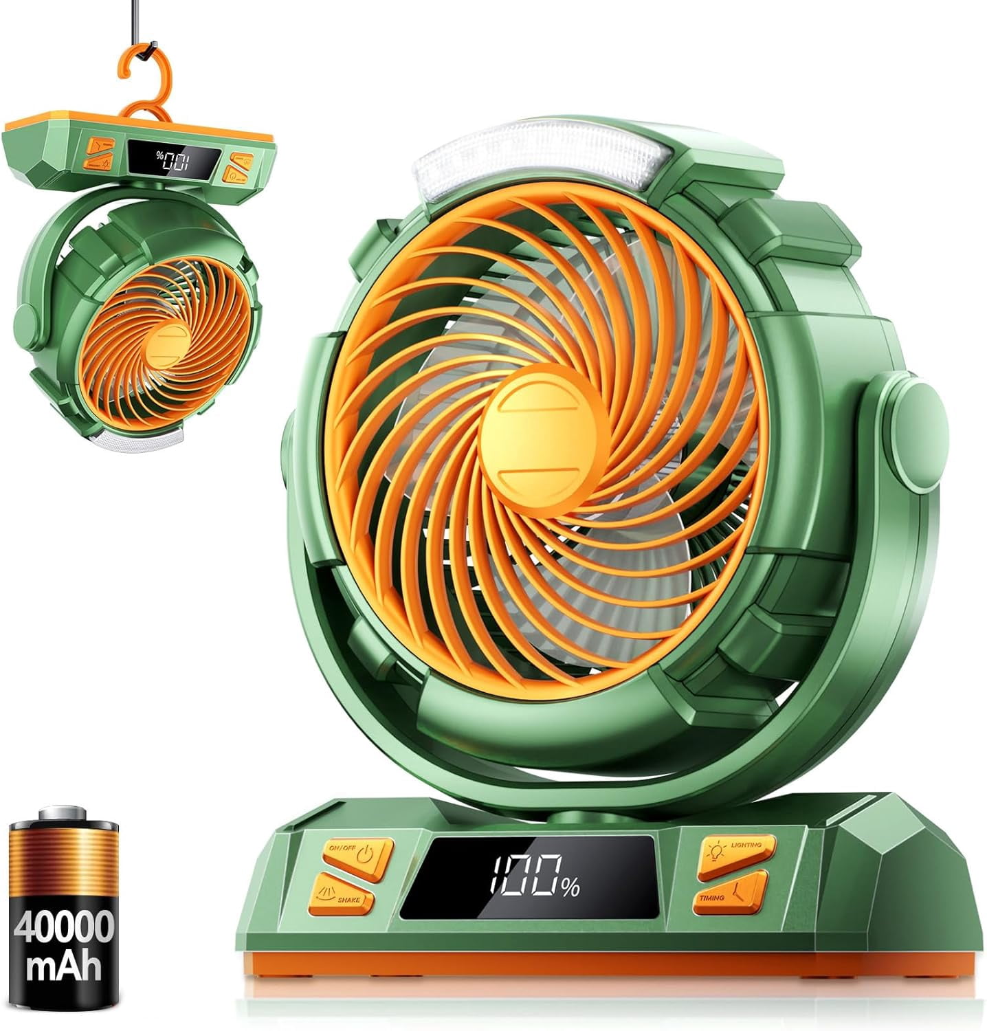 Camping LED Fan with Light, 40000mAh Rechargeable Battery Powered Outdoor Tent Fan with Light and Hook, 4 Speed, Personal USB Desk Fan for Camping, Fishing, Power Outage,Hurricane, Worksite