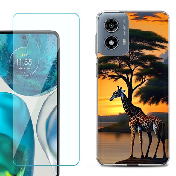 Phone Case for Motorola Moto G 5G 2024, with Tempered Glass Screen Protector, by OneToughShield - Giraffe Sunset
