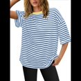thumbnail image 2 of Camisetas de Rayas de Gran Tamaño para Mujer, Blusas Holgadas de Cuello Redondo y Corta, Blusa Informal de Verano Y2K 2025, Camiseta Básica Azul L, 2 of 9