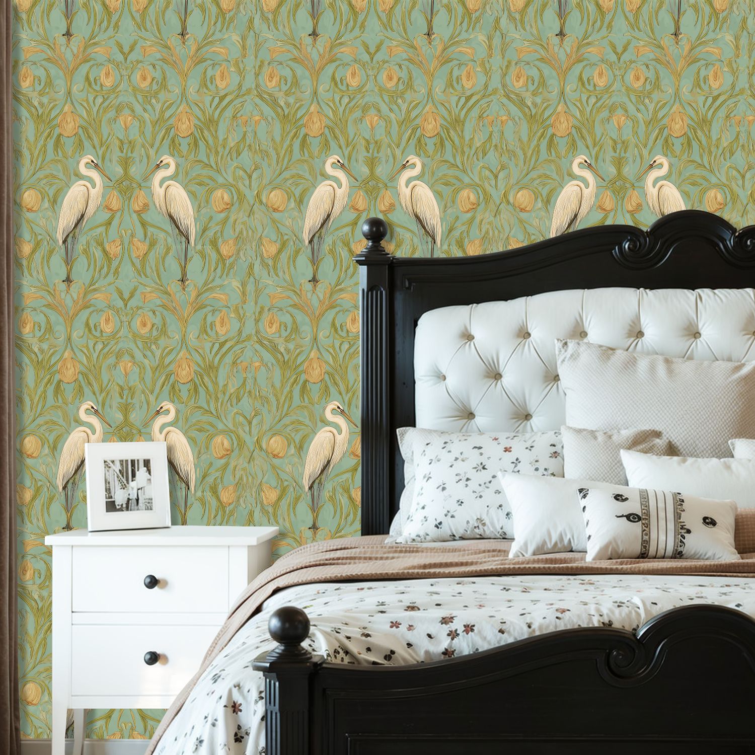 Cranes Peel and Stick Wallpaper 23.6in x 9.8ft Elegant Herons Golden Floral Teal Art Nouveau Style Contact Paper Vinyl Waterproof Self Adhesive Wall Paper for Bedroom Shelf Cabinet Renter Friendly