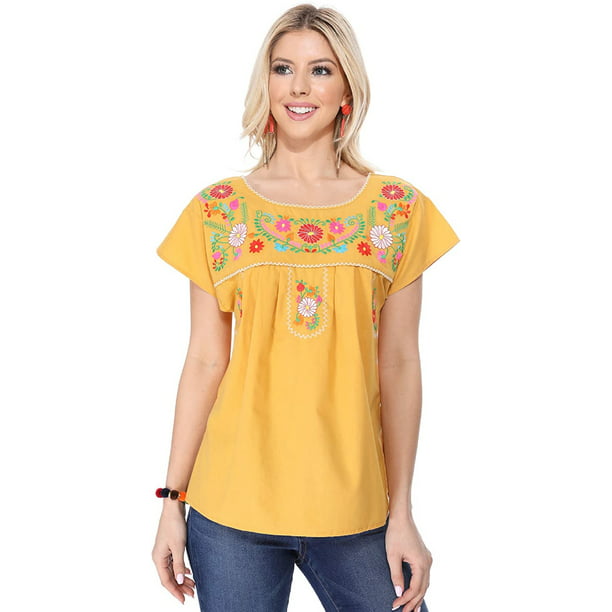 Women's Cotton Puebla Mexican Inspired Traditional Floral Embroidered ...
