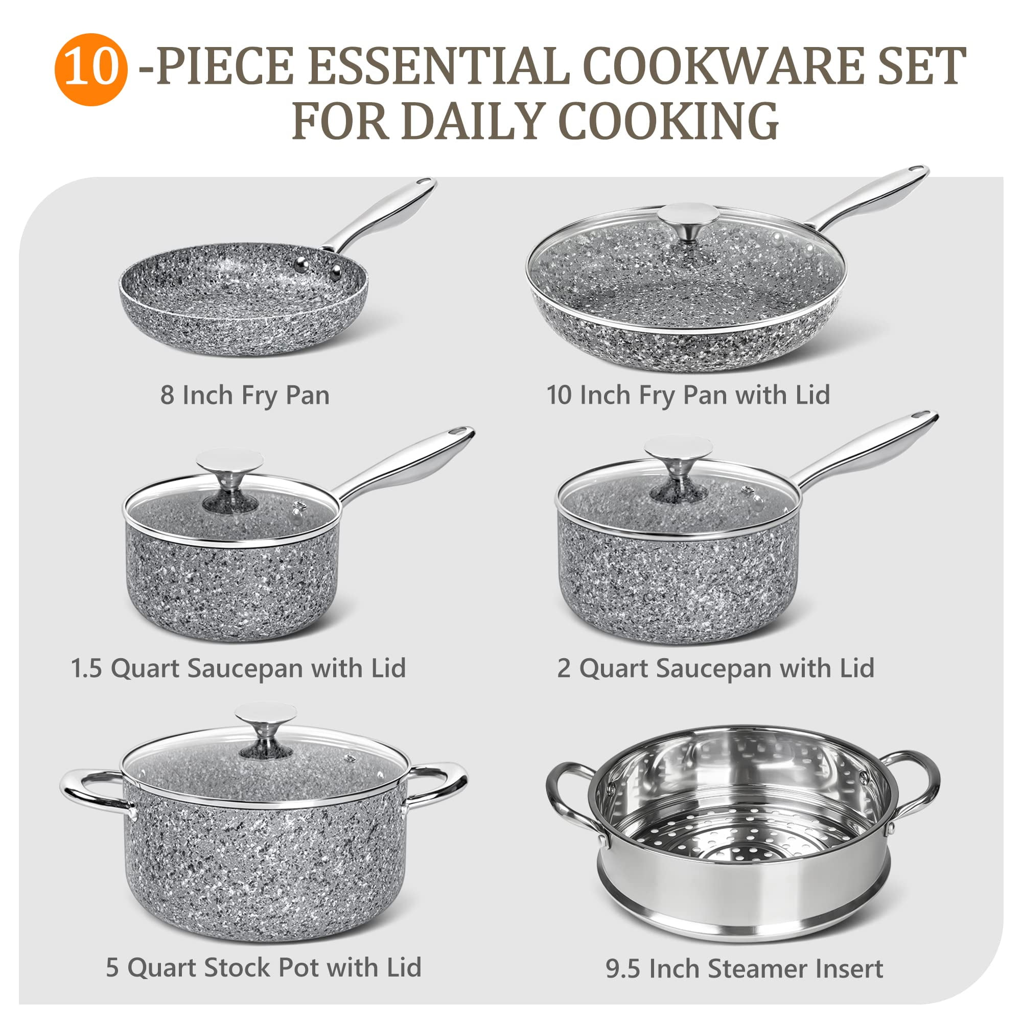 MICHELANGELO Stone Cookware Set 10 Piece, Ultra Nonstick Pots and Pans Set with Granite Coating, Kitchen Cookware Sets, Stone Pots and Pans Set, Granite Pots and Pans Set - 10 Piece