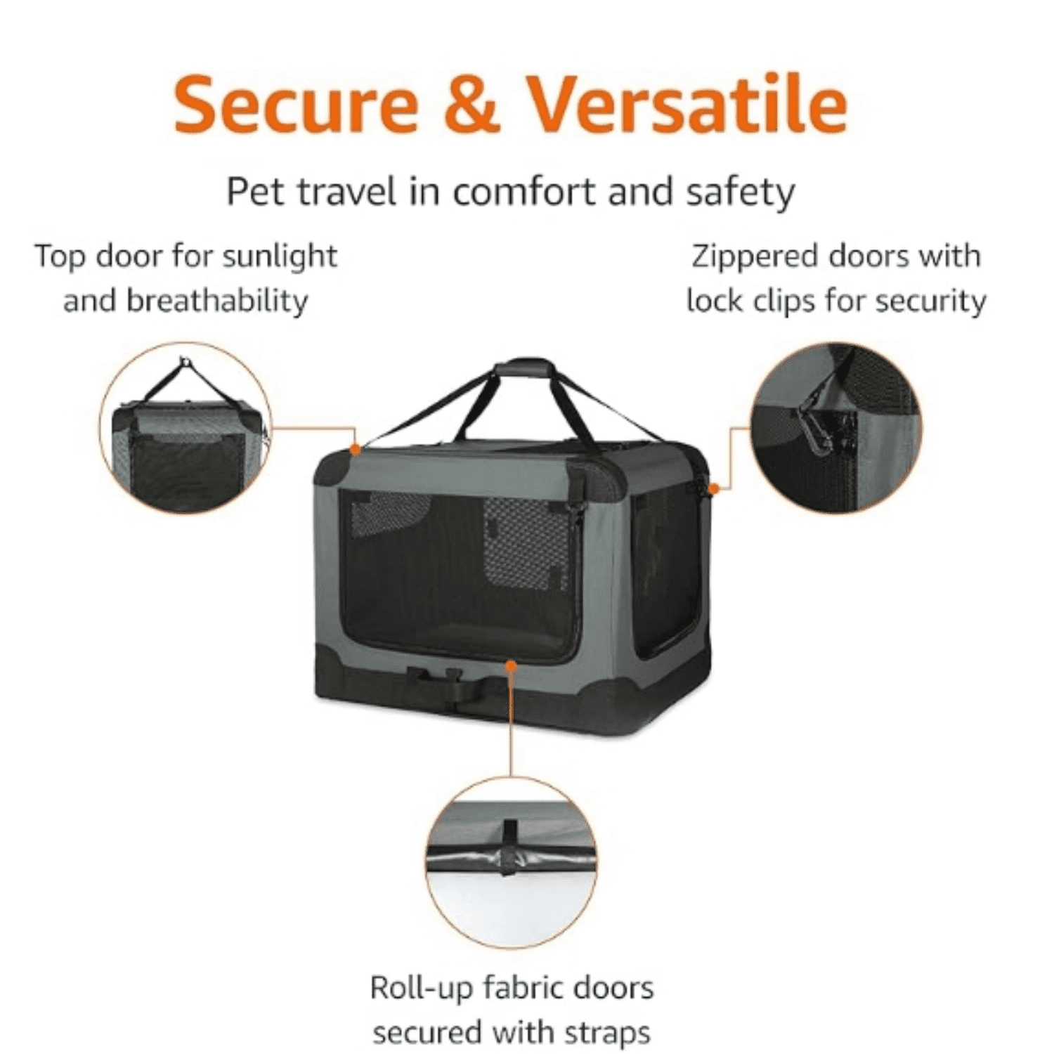 4-Doors Portable Soft-Side Folding Travel Crate Kennel for cat, Dog, an Other Small Animals, Grey, M 30" x 21" x 21"