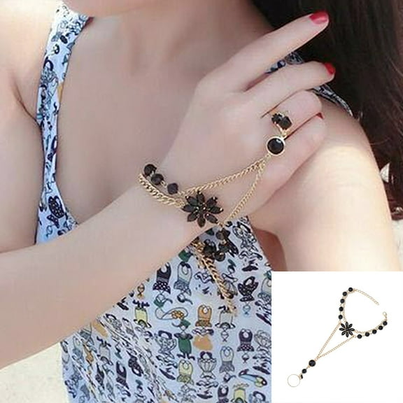 Visland Women Girls Bracelet, Adjustable Fashion Elegant Alloy Flower Shape Bangle Hand Harness Chain Link Finger Ring Bracelet Jewelry Accessory for Valentine's Day Wedding Party Daily Wear