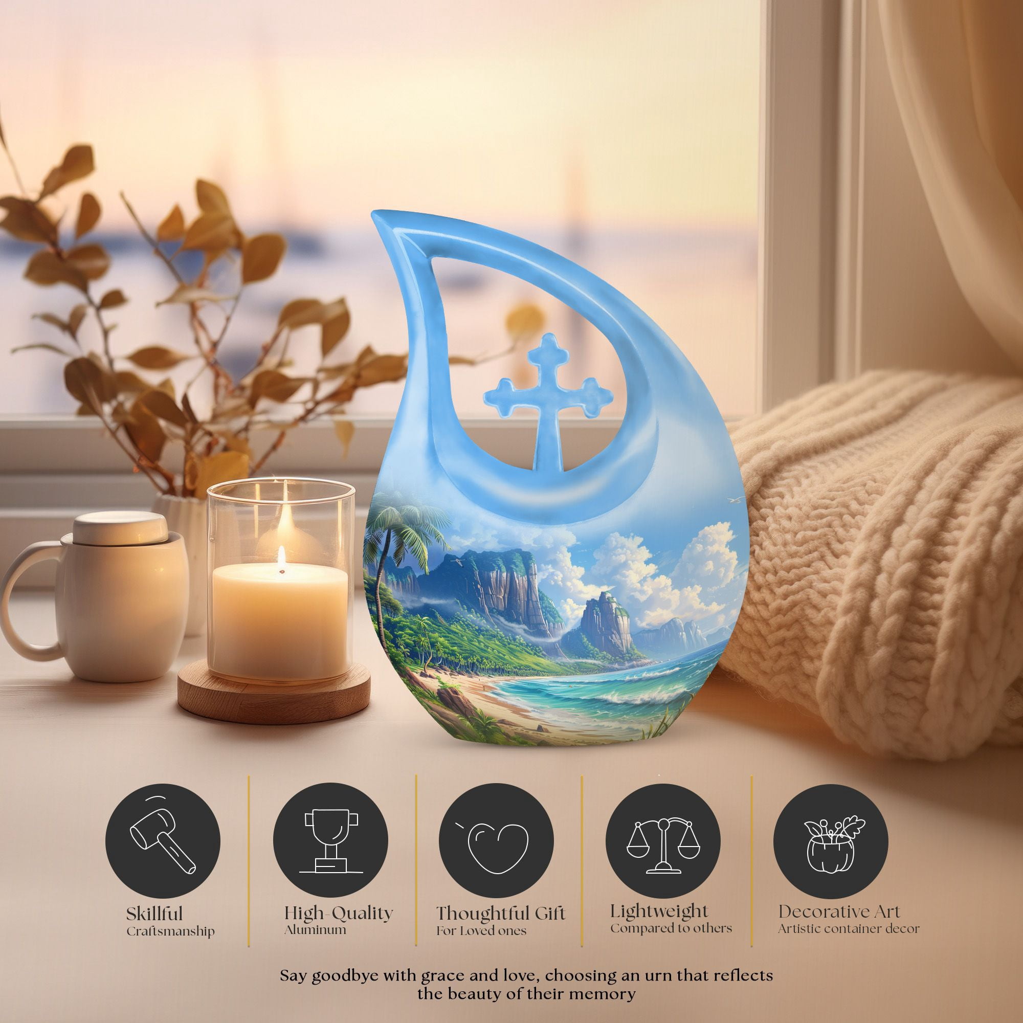 MUKTIVE Combo Sets (1 Large 10 ", 4 Keepsake 3 ") Beach,themed Cremation Urn for Human Ashes, Decorative Funeral & Burial Urn for Adults, Memorial Gift for Grandfather & Grandmother