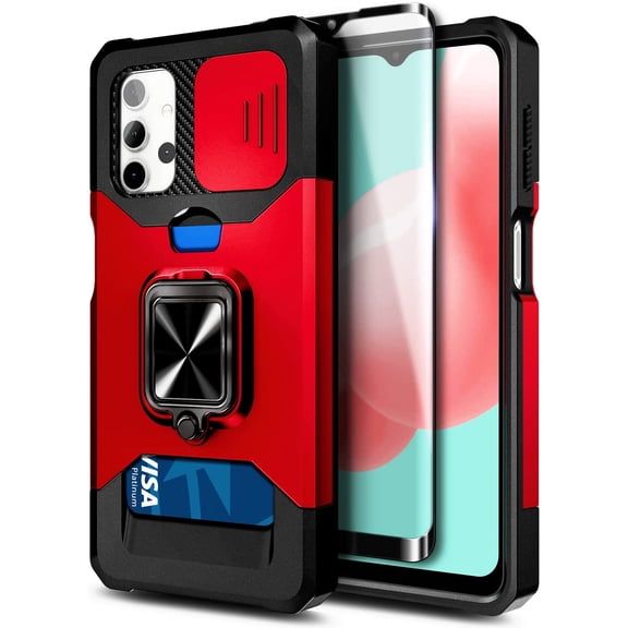 Nagebee Case for Samsung Galaxy A32 4G with Tempered Glass Screen Protector, [Camera Cover] Full-Body Military-Grade with Card & ID Slot, Magnetic Car Mount Ring Holder, Durable Case (Red)