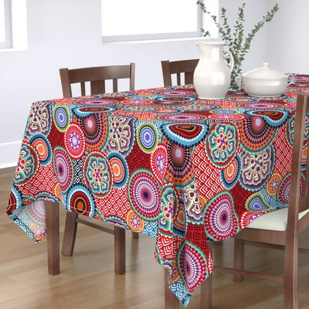 

Cotton Sateen Tablecloth 70 x 108 - Flowers Asian Inspired Bright Funky Circle Abstract Floral Pinks Vintage Red Oriental Print Custom Table Linens by Spoonflower