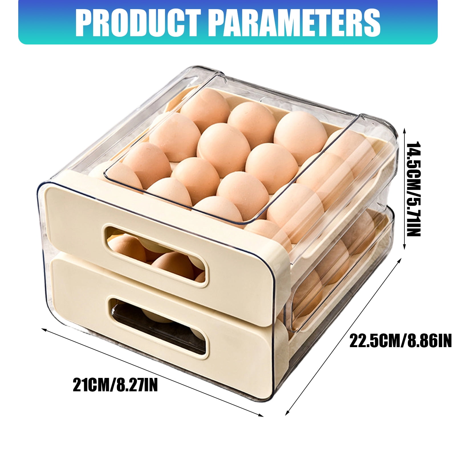 32 Eggs Container Holders Dispenser for Refrigerator 2 Tiers Clear Stackable Eggs Holder Tray with Drawer for Fridge